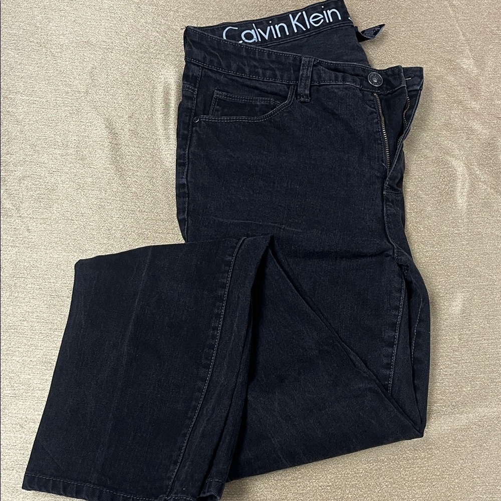Calvin Klein Women's Black Straight-Leg Jeans with Logo Waistband